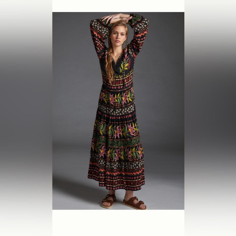 Farm Rio x Anthropologie Glynn floral Maxi dress long sleeve Medium M NWOT boho